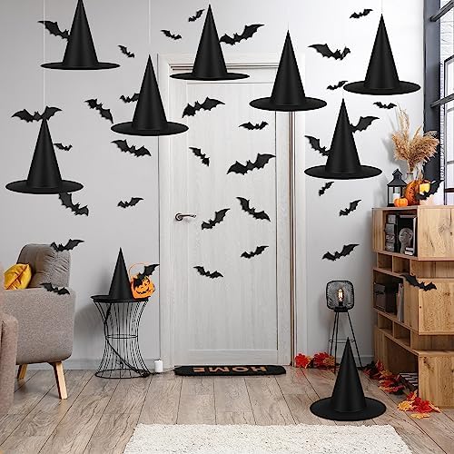 14 Pieces Halloween Black Witch Hats with 32 Pieces 3D Bats Sticker Wall Decor and 328 Feet Hanging Rope Witch Hat Decoration Cosplay Costume Accessory Caps Halloween Fancy Caps Yard Decor
