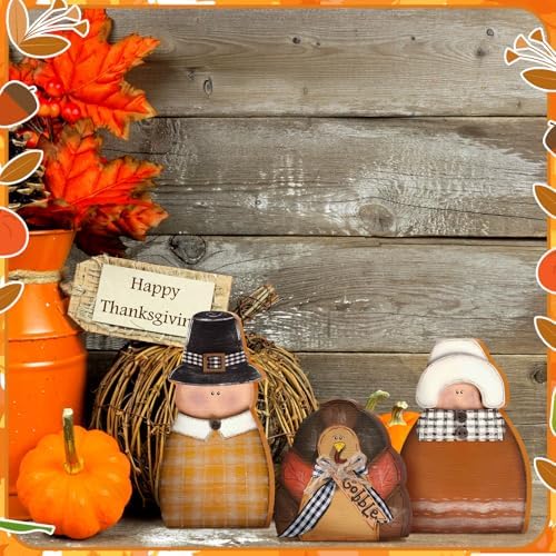 Colingmill 3 Pcs Thanksgiving Table Decor Wooden Turkey Pilgrim Couple