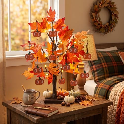 hogardeck Fall Decorations for Home, Thanksgiving Decorations, 24”2FT Lighted Maple Leaves Tree with 24 LEDs & 12 Wood