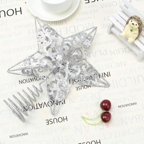 Aneco 10 Inches Christmas Treetop Star Metal Glittered Christmas Tree Topper Xmas Tree Decoration Topper for Christmas Holiday Home Office School Mall Decor, Silver