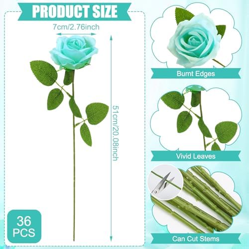 36 Pcs Turquoise Artificial Roses with Long Stems