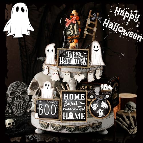 MiniInflat Halloween Tiered Tray Decorations Set, Wood, Ghost, Black White