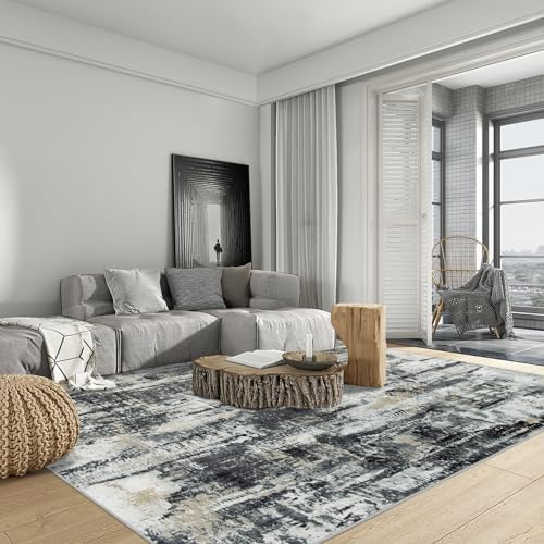 6x9 Area Rugs for Living Room: Washable Abstract Black Grey Gold Carpet