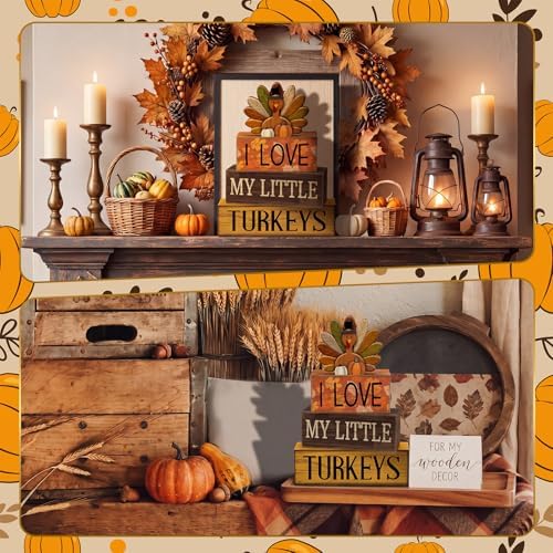 Lineshading 4 Pcs Thanksgiving Block Signs, I Love My Little Turkeys Wood