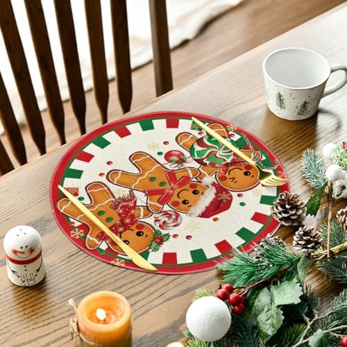 Artoid Mode Gingerbread Candy Cane Merry Christmas Round Placemats Set of 4, 14 Inch Winter Round Table Mats for Dining Decoration