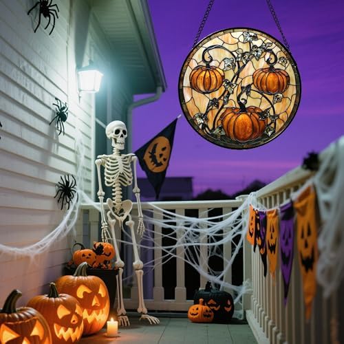 Halloween Orange Pumpkin Vine Leaves Stained Glass Window Hanging Gift 7.8"