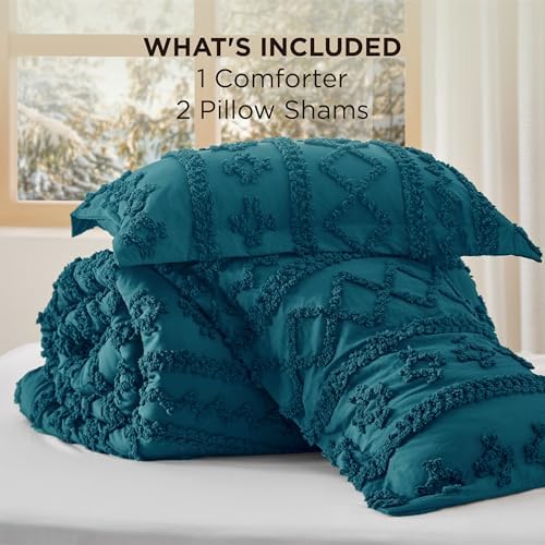 Bedsure Tufted Boho Comforter Set King Size - Teal Boho Bed Set, GentleSoft 3 Pieces Farmhouse-Style Embroidery