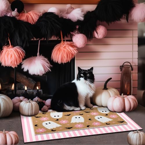 Tinideya 2 Pcs Halloween Pink Ghost Layered Doormat Set
