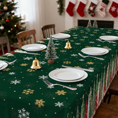 Gistome 3-Piece 54 x 108 Inch Christmas Tree Plastic Tablecloth – Festive Green Holiday Disposable Table Cover for Winter Parties, Christmas Dinners, and Indoor Outdoor Decorations