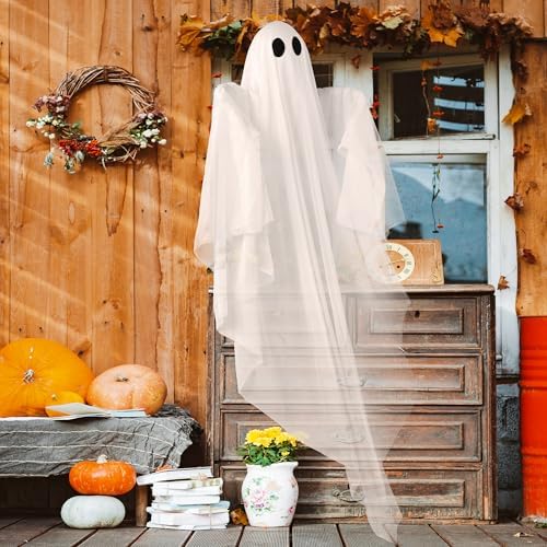 JOYIN Halloween Hanging Light up Ghost, 47" White Ghosts with Green LED Light and Timer Halloween Hanging Decoration Waterproof for Front Yard Patio LawnGarden Party Decor Indoor Outdoor