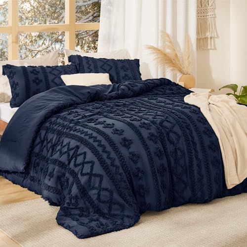 Bedsure Tufted Boho Comforter Set Queen Size - Navy Boho Bed Set, GentleSoft™ 3 Pieces Farmhouse-Style Embroidery
