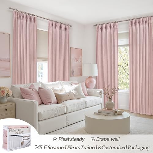 Pretty Light Pink Semi Sheer Curtains 96 Inches Long for Living Room 2 Panels Set, Memory Shaped Pinch Pleated 8 FT