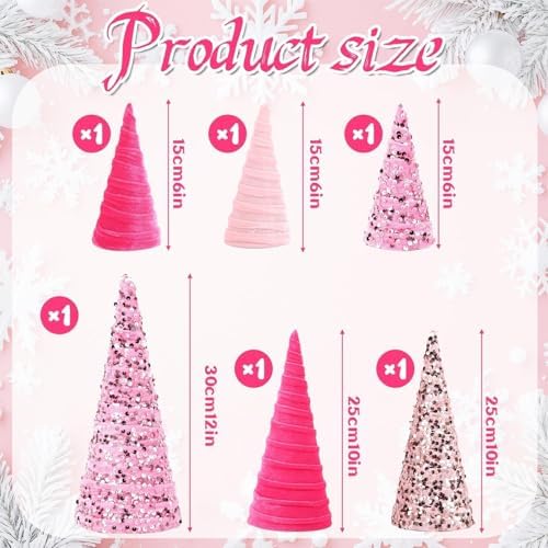 6 Pcs 12" 10" 6" Christmas Cone Tree Decorations Velvet Pink Christmas Glitter Table Decor Flocked Farmhouse Tiered Tray Ornament Xmas Tree for Home Holiday Entryway Tabletop Centerpiece Decor