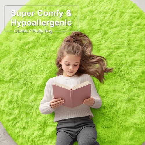 OLANLY Lime Green Round Rugs for Bedroom - Machine Washable, 2 ft Circle Area Rugs for Living Room, Soft and Fluffy