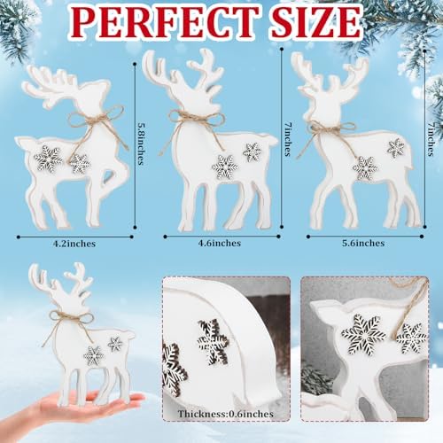 3Pcs Cute Christmas Tiered Tray Decor Indoor, Wooden Farmhouse Reindeer Christmas Tabletop Decorations Xmas Centerpiece, Rustic Reindeer Sign Standing Elk Decor for Home Shelf (White)