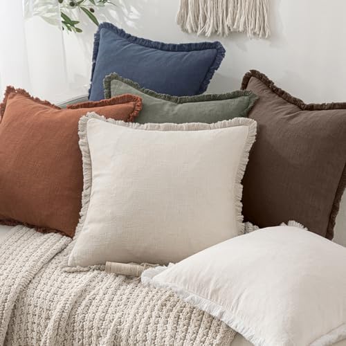 MIULEE Linen Fringe Decorative Fall Euro Pillow Covers Reddish Brown 24x24