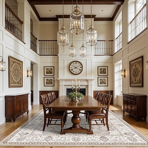 12x15 Living Room Area Rug: Oriental Large Neutral Bedroom Carpet Soft Distressed Floor Mat with Non-Slip Backing