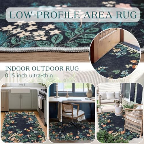 Dark Navy Floral Entry Rug - 3x5 Ft Washable Indoor Outdoor Mats for Front Door Porch Rug Non-Slip Spring Door Mat Boho