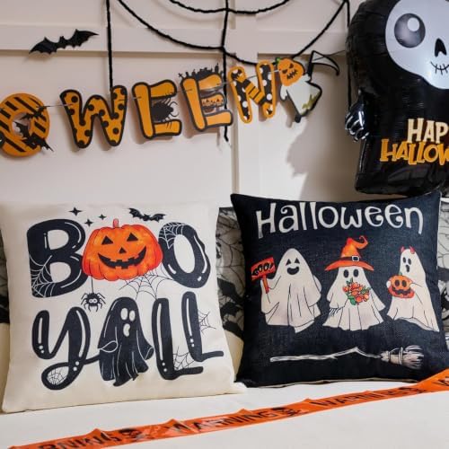 Hongsome Ghost Halloween Decor-Throw Pillow Covers 20x20 in Set of 4,Spooky Gothic Linen Pillow Case for Couch Fall Christmas Holiday Outdoor Burnt Orange Black White Decorations (Black, 20"x20")
