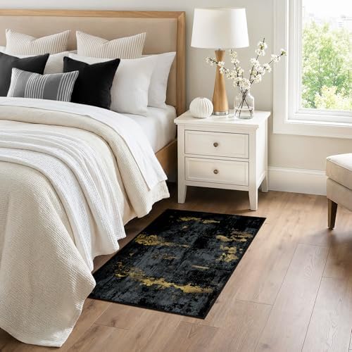 RELEANY Washable 3'x4' Abstract Area Rug for Living Room Black Gold