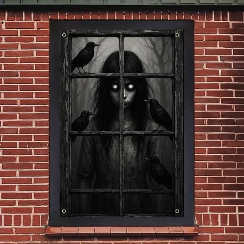 BlissYard Halloween Crow Girl Window Cover 31x47 Inch Polyester Decoration