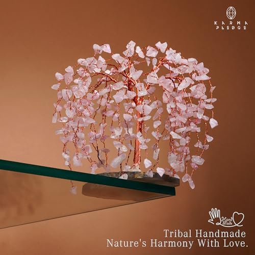 KARMAPLEDGE Chakra Tree of Life Birthday Gifts for Women, Home and Office Decor, Handmade Rose Quartz Crystal Tree for