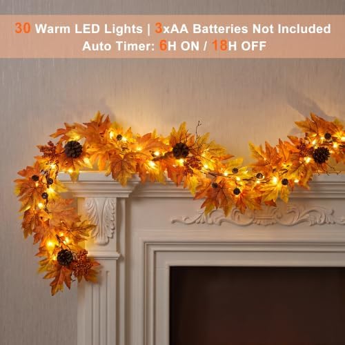 6FT Fall Garland with 30 Warm Lights & Timer & Gradient Maple Leaves