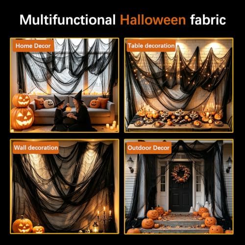 8 Pack Halloween Black Gauze Wall Decor,Outdoor Halloween Fake Spider Web Decorations Webbing,Cobwebs Mesh Spooky Fabric,30X72 in Black Cheesecloth for Haunted House Indoor Creepy Cloth (8, Black)
