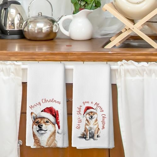 XPH Christmas Shiba Inu Kitchen Dish Towels, Funny Shiba Inu Gifts for Women, Dog Mom Lovers Gifts Hand Towels Kitchen Tea Towel Decorations, Christmas Dog Bathroom Decor, 16x24inch Set of 2