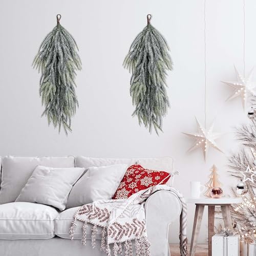 2 Pcs Artificial Christmas Snow Teardrop Swag, 28" Faux Glitter Snow Flocked Norfolk Pine Teardrop Door Swag, White Frosted Pine Wreath Staircase Swags for Xmas Door Mantle Fireplace Decor
