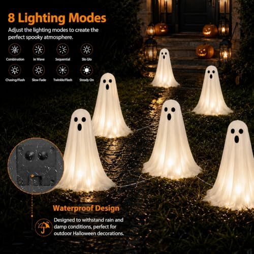 Halloween Decorations, 6 Pack Solar Ghost String Stake Lights 12.8 FT