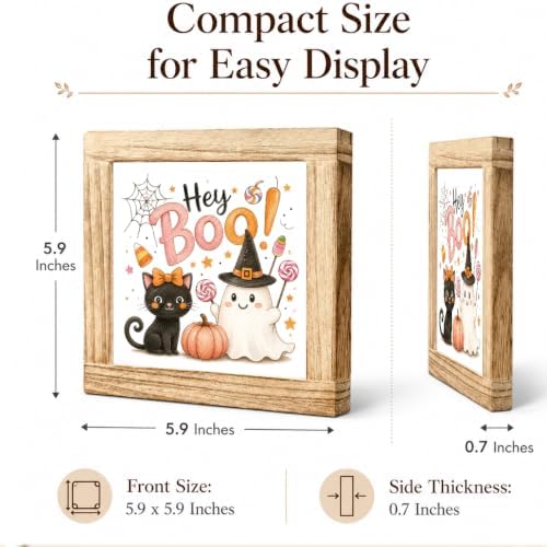 Halloween Wooden Sign, Hey Boo Ghost Witch and Black Cat Tabletop Decor