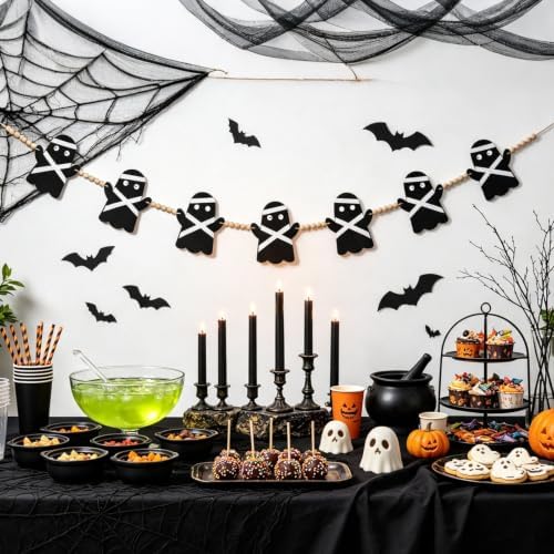 GreenD Halloween Garland Ghost Garland Banner Cute Handmade Black Felt Wood Beads Adjustable Hanging 9.84FT Fireplace Wall Table Window Indoor Outdoor Home Party Decor Supplies