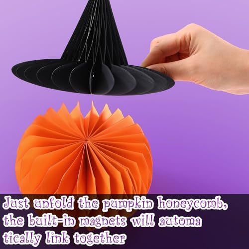 Cinnvoice 3 Pcs Halloween Fall Pumpkin Honeycomb Decor, Smaller, Wicth Hat