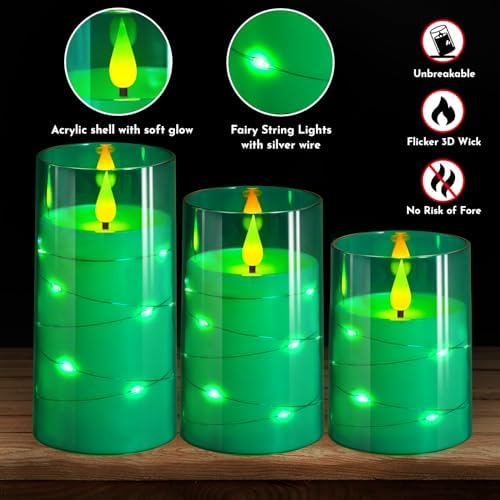 NURADA Flickering Flameless Candles: Built-in Star String Acrylic Battery Operated LED Pillar Candles with Remote and Timer for Home Party Weddings Christmas Halloween Decor -Green 3 Pack