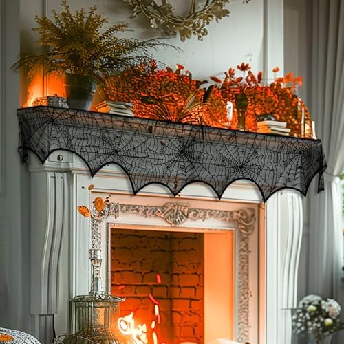 Halloween Mantle Scarf Fireplace Cover 18 x 96 inch Black Lace Cobweb Fireplace Mantle Scarf Cover for Halloween Decorations Festive Party Supplies Decor