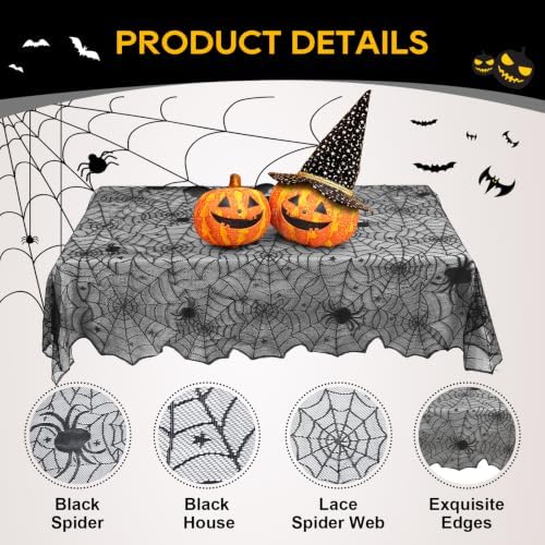 eZAKKA Halloween Tablecloth 54"x72" Black Lace Spider Web Table Cloth