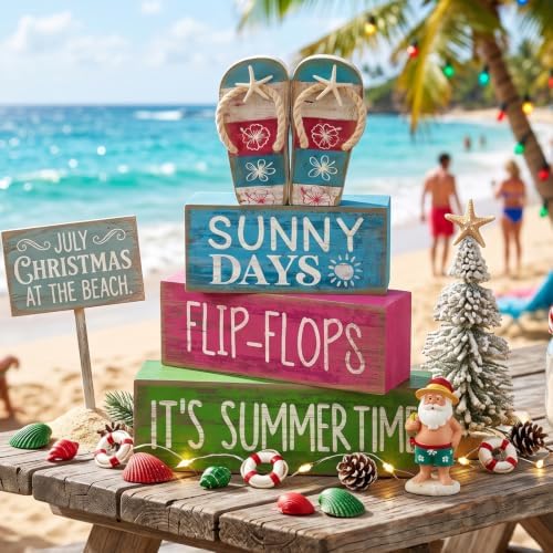 Lineshading 4 Pcs Flip Flop Beach Summer Wooden Block Signs Table Decor