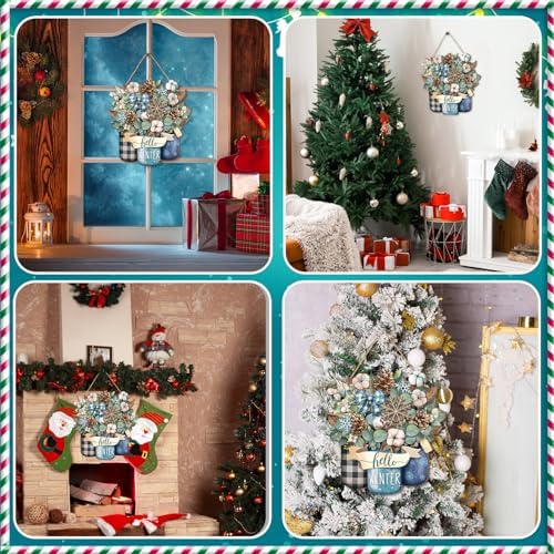 Boao Hello Winter Welcome Door Hanger, Snowflake Wooden Sign Decor