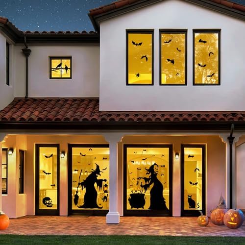 Halloween Decorations Window Clings Decor - Large Witches with Cauldron Bats Spider Black Cat Silhouette Halloween Window Stickers Decals for Home Indoor Outdoor Office Party Supplies
