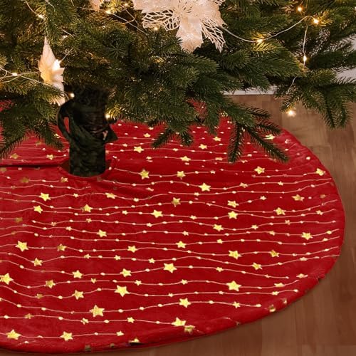 Christmas Tree Skirt Velvet Red 48 inch Large Soft Christmas Tree Mat with Gold Star Pattern for Indoor Outdoor Xmas Holiday Party Decoration