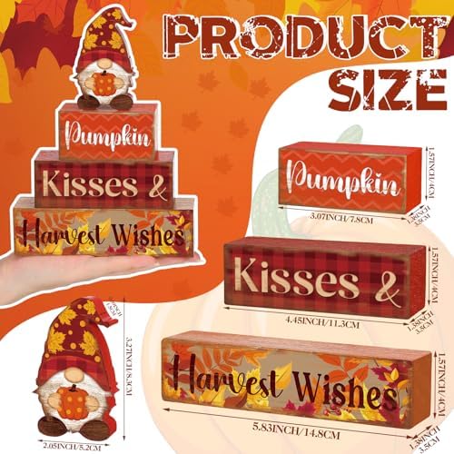 4 Pcs Fall Decor for Home Gnomes Pumpkin Wooden Signs with Harvest Wishes