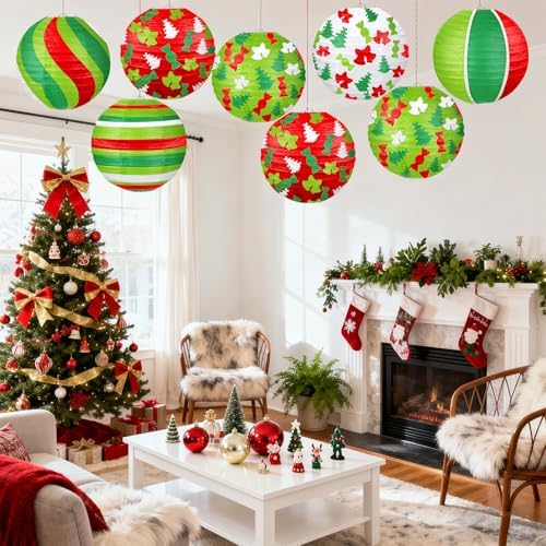 Christmas Paper Lanterns, 12 PCS Christmas Hanging Paper Lanterns Indoor Outdoor, Red Green and White Xmas Tree Candy Bell Lantern for Christmas Party Decorations Home Holiday Decor