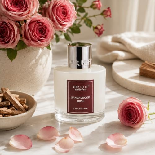 Airkeep Reed Diffuser Set,3.38 fl oz (100 ml) - Sandalwood Rose Oil Diffusers with 8 Reed Sticks,Home Fragrance Reed