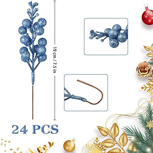 24 Pack Glitter Blue Berry Stems,7.5 Inch Christmas Sparking Red Faux Winter Berry Sprigs,Artificial Red Berries Branches for Christmas Tree Garland Wreath Crafts Season Winter Home Decor
