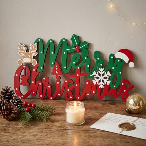 Merry Christmas Sign for Front Door Decor - 2 in 1Wooden 11.8 Inch × 6.7inch Christmas Wreath Wall Hanging or Tabletop Centerpiece for Door, Table, Fireplace