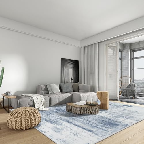 5x7 Area Rugs for Living Room: Washable Abstract Blue White Badroom Carpet