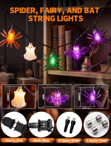 8.5FT 10 LED Halloween Spider Bat Ghost String Lights Outdoor, Plug in
