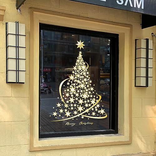Cityhermit Christmas Tree Window Clings Stickers for Glass, Extra Large Golden Xmas Windows Static Stickers, DIY Wall Window Door Mural Showcase Decal Sticker (2 Pack)