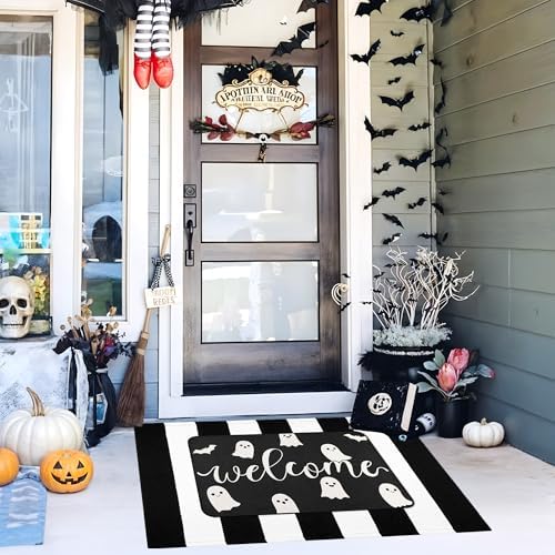 Halloween Door Mat Set, Ghost Welcome Rug with Black White Stripe Runner